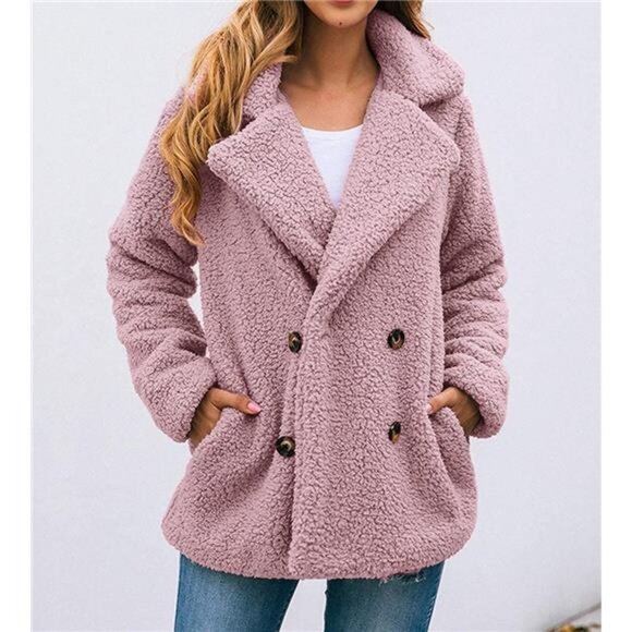 Women's Sherpa Fleece Faux Fur Trendy Jackets Pink2 - Picture 5 of 6